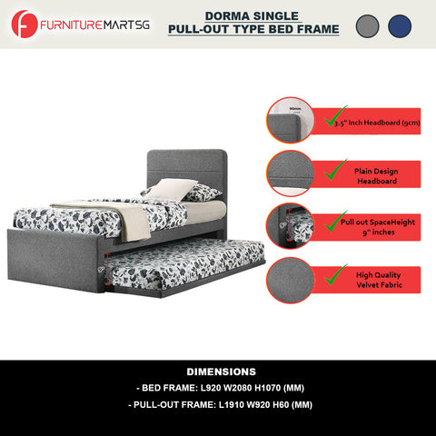 Image of Dorma Single Divan + Pull-Out Type Bed Frame Fabric Upholstery in Grey Colour w/ Mattress Option