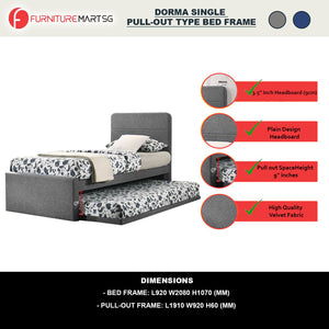Dorma Single Divan + Pull-Out Type Bed Frame Fabric Upholstery in Grey Colour w/ Mattress Option