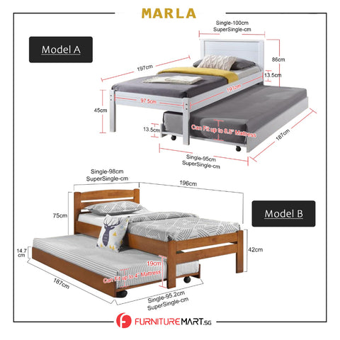 Image of Marla Solid Rubberwood Bed Frame Flat Plywood Base with Pull-out Bed w/ Mattress Option