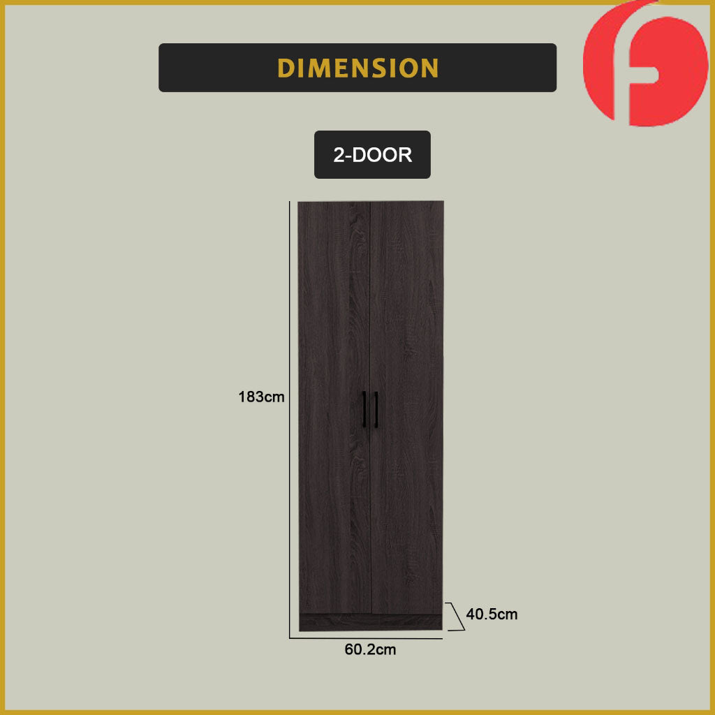 Percy Premium 2 Feet 2 Doors Wardrobe Laminated Back Panel - Free Install