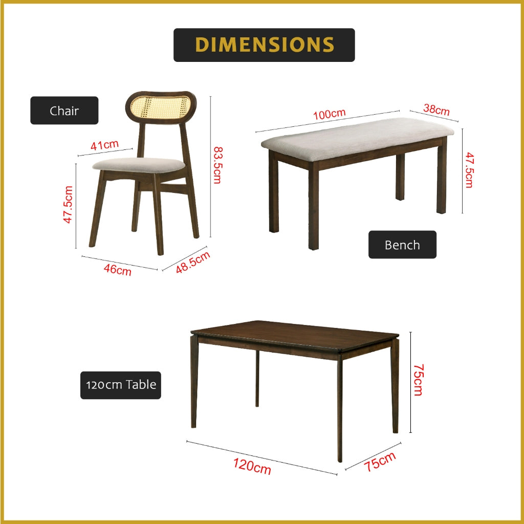 Radden 4/6 Seater Dining Set w/ Table, Chair & Bench Solid Rubber Wood in 2 Colours