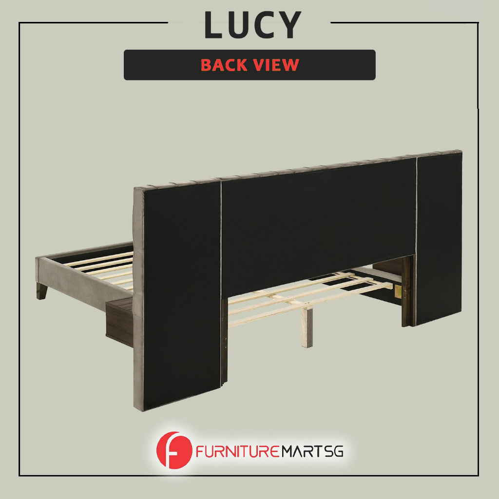 Lucy Queen/King Bed Frame Button Tufted with Side Panels & Floating Side Table in Grey Velvet Fabric