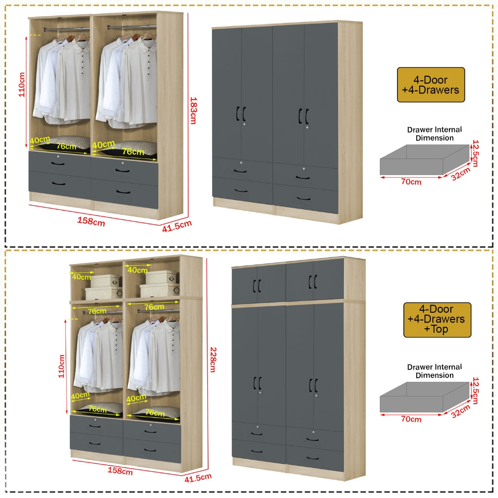 Florence Series 1/2/3/4/5 Doors Tall Wardrobe with Drawers and Top Cabinet in Natural