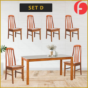 Kamila Dining Set with Table & Chairs 1+6 in Solid Wood Natural Marble Top Cherry/Walnut