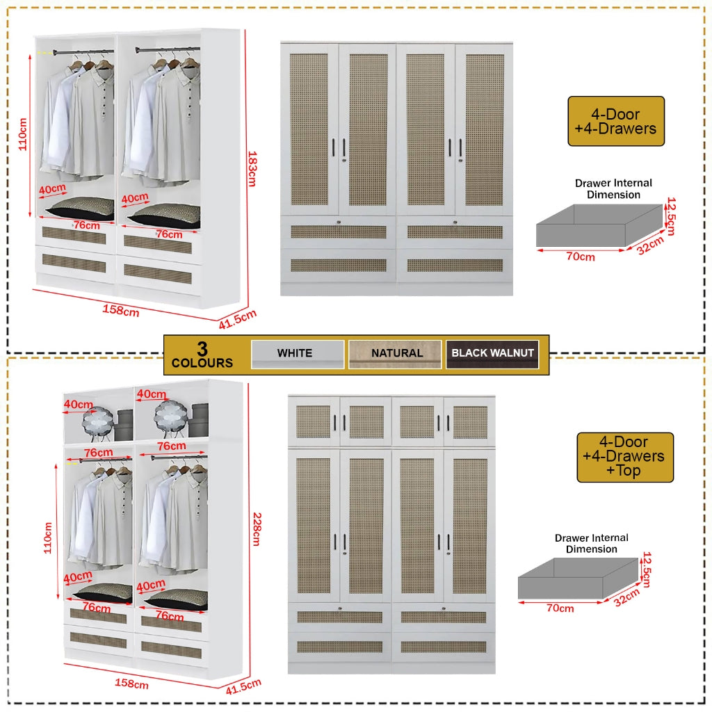 CROATIA Series 1/2/3/4/5 Doors Wardrobe Rattan Design with Drawers and Top Cabinet