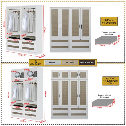 Image of CROATIA Series 1/2/3/4/5 Doors Wardrobe Rattan Design with Drawers and Top Cabinet