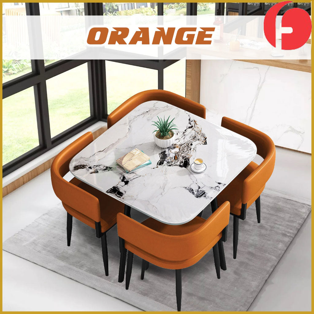 Rachel Dining Set with Curved Edges Sintered Stone Table Top Leather High Density Chair