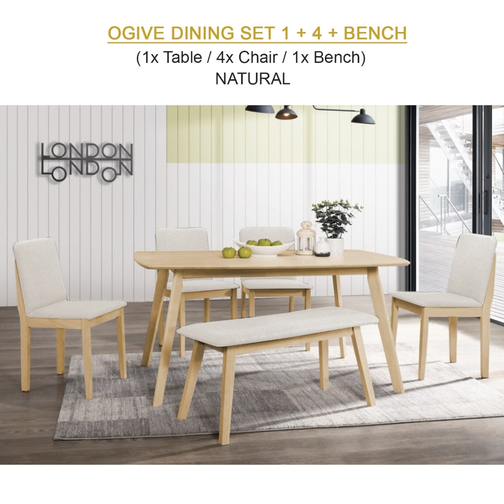 OGIVE Dining Set Table with Chair & Bench Pet-Friendly Fabric in Natural & Walnut Color