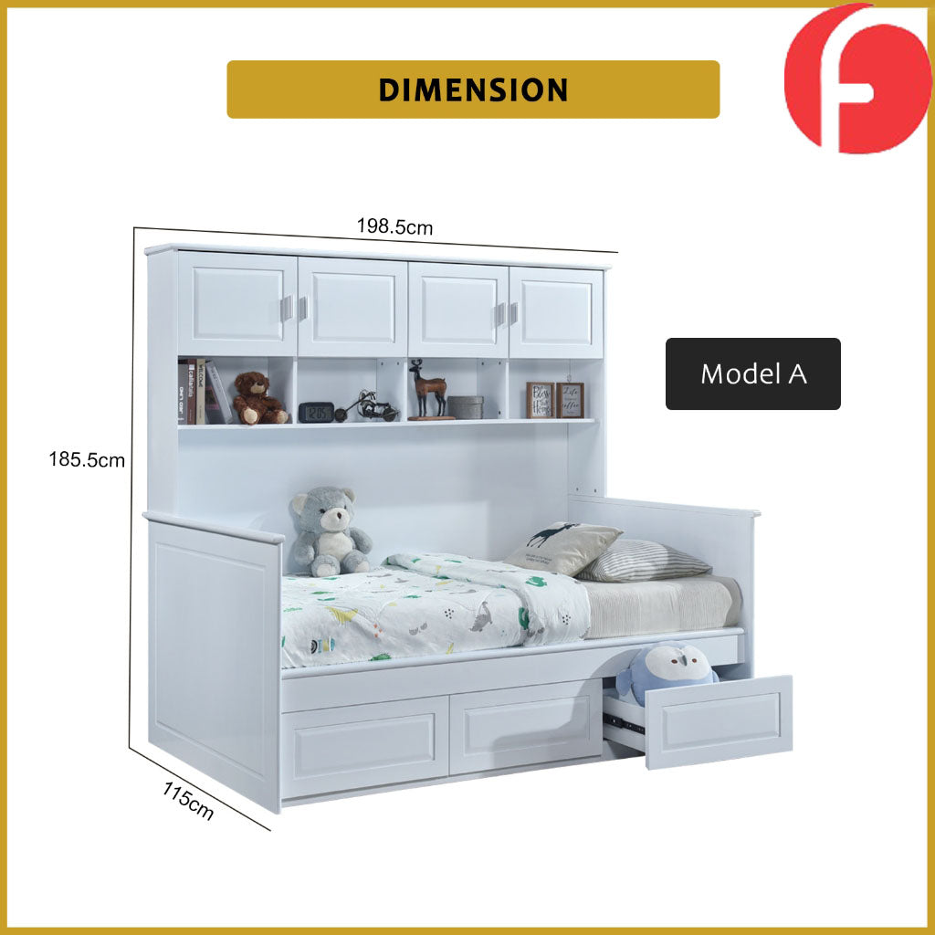 Lanna Super Single Bed Frame with Display Shelf, Cabinet, 3 Spacious Drawers