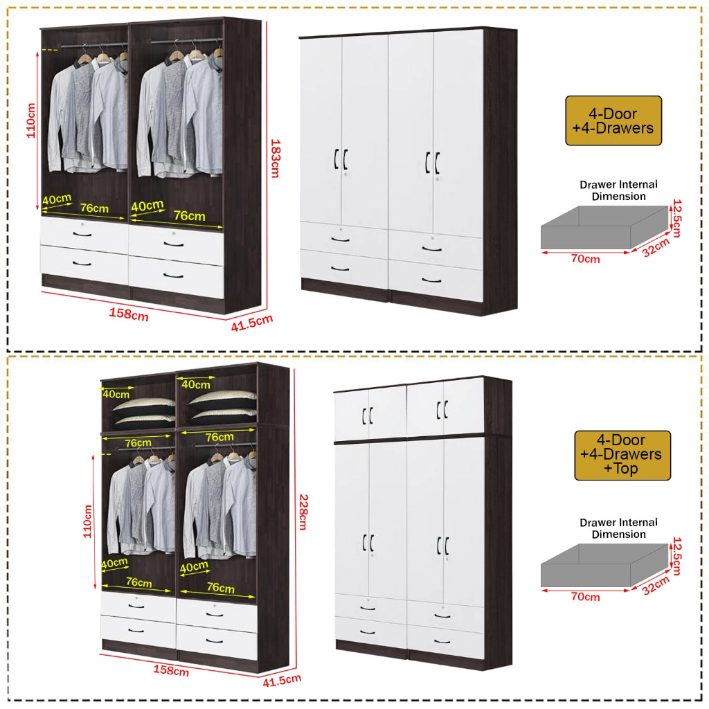 Rome Series 1/2/3/4/5 Doors Tall Wardrobe with Drawers and Top Cabinet in Walnut+White