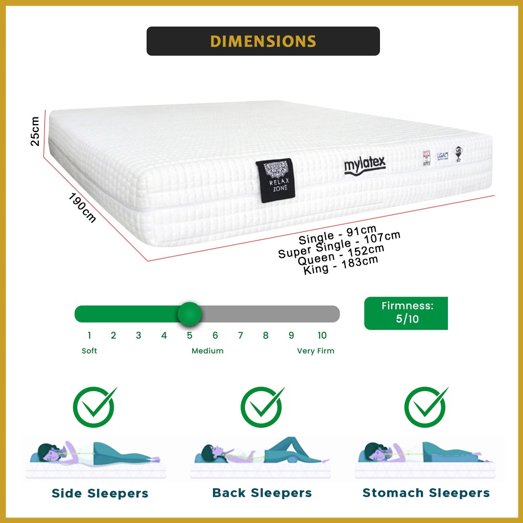 MyLatex RELAX ZONE 10" 7-Zone Natural Latex Mattress Cooling Silk Cover - All Size