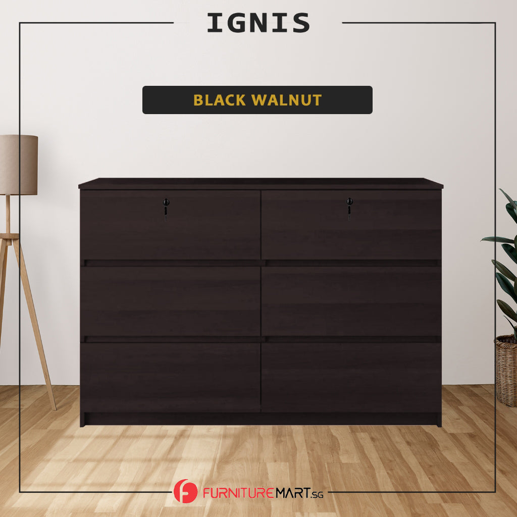Ignis 6 Drawers Premium Chest of Drawers Full Laminated Back Panel in 6 Colours
