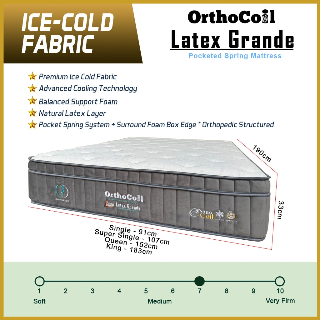 Orthocoil 13" Latex Grande Ice-Cold Fabric Mattress Pocketed Spring Mattress - All Size