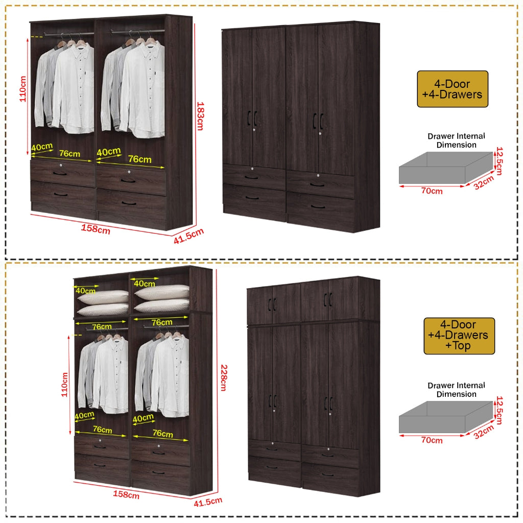Britain Series 1/2/3/4/5 Doors Tall Wardrobe with Drawers and Top Cabinet in Black Walnut