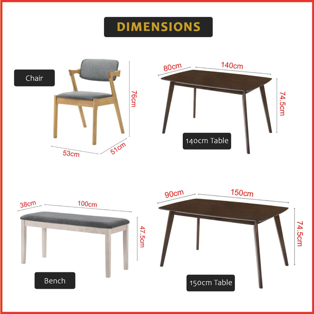 Xyrel Nordic Dining Set w/ Table, Chair & Bench Solid Rubber Wood in 3 Colours