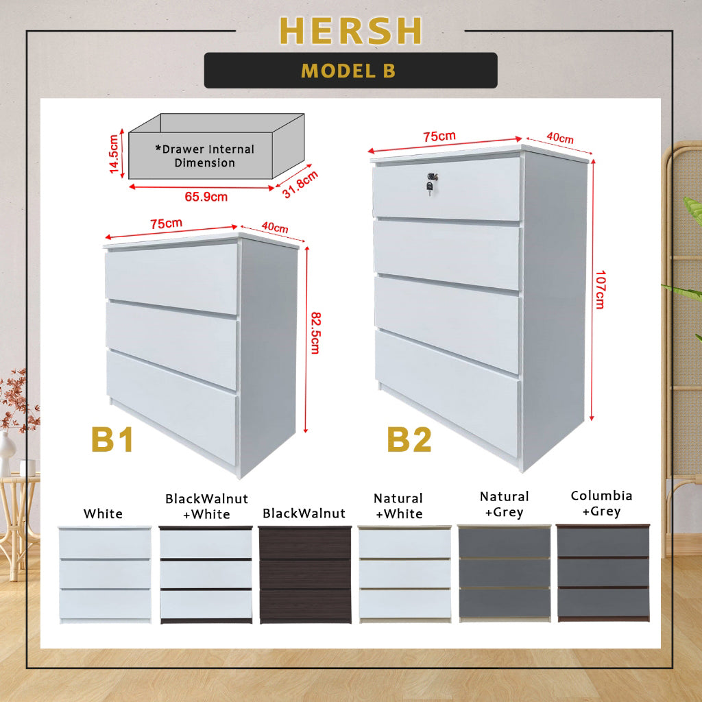 Hersh Premium Chest of Drawers Collection CARB-P2 Certified Board Full Laminated Back Panel in 6 Colours