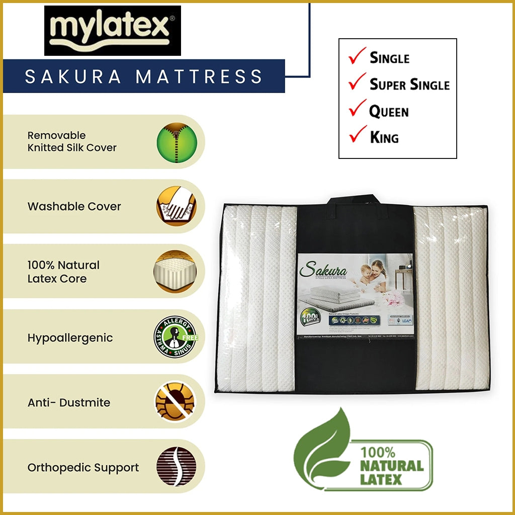 MyLatex SAKURA 2" Natural Latex Foldable Mattress Removable Silk Cover - All Sizes