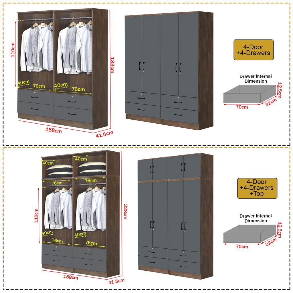 Paris Series 1/2/3/4/5 Doors Tall Wardrobe with Drawers and Top Cabinet in Columbia Grey