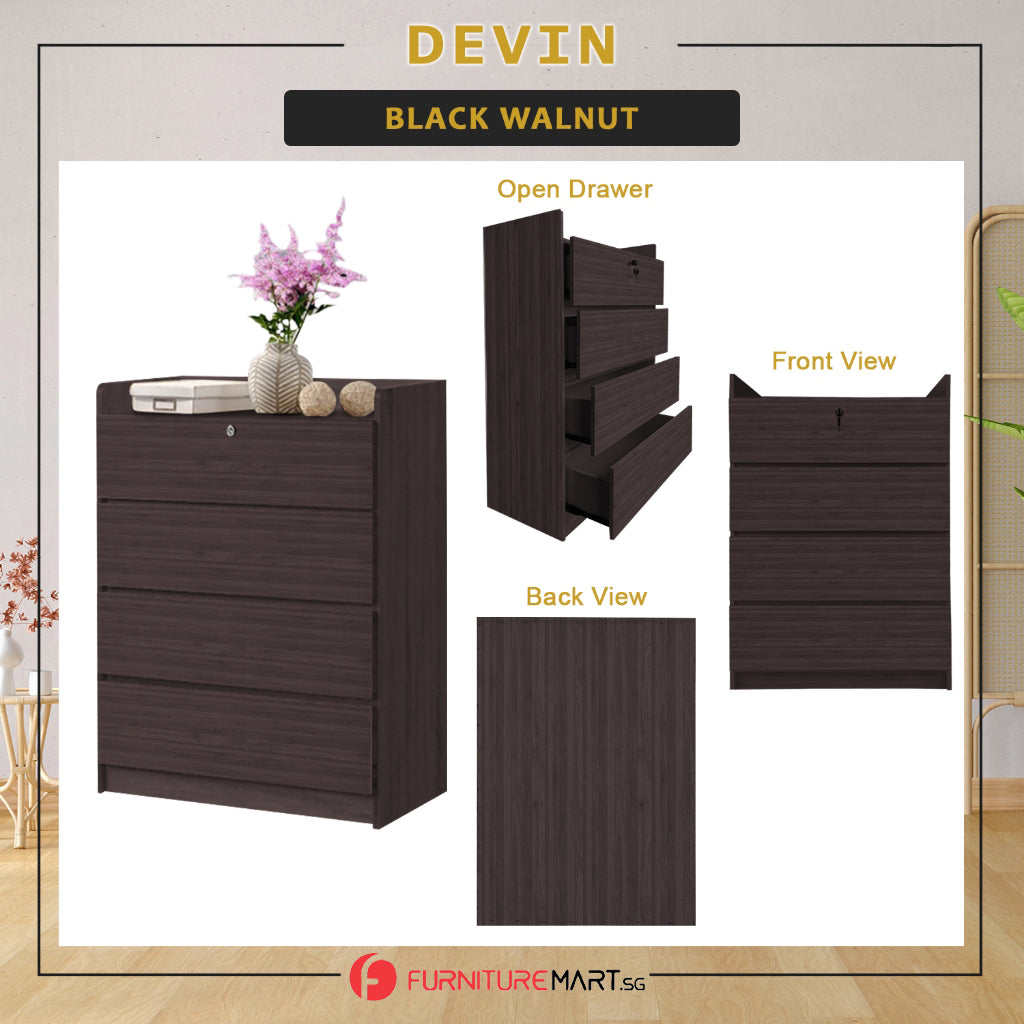 Devin Series Premium Chest of 4 Drawers Collection Full Laminated Back Panel in 6 Colours