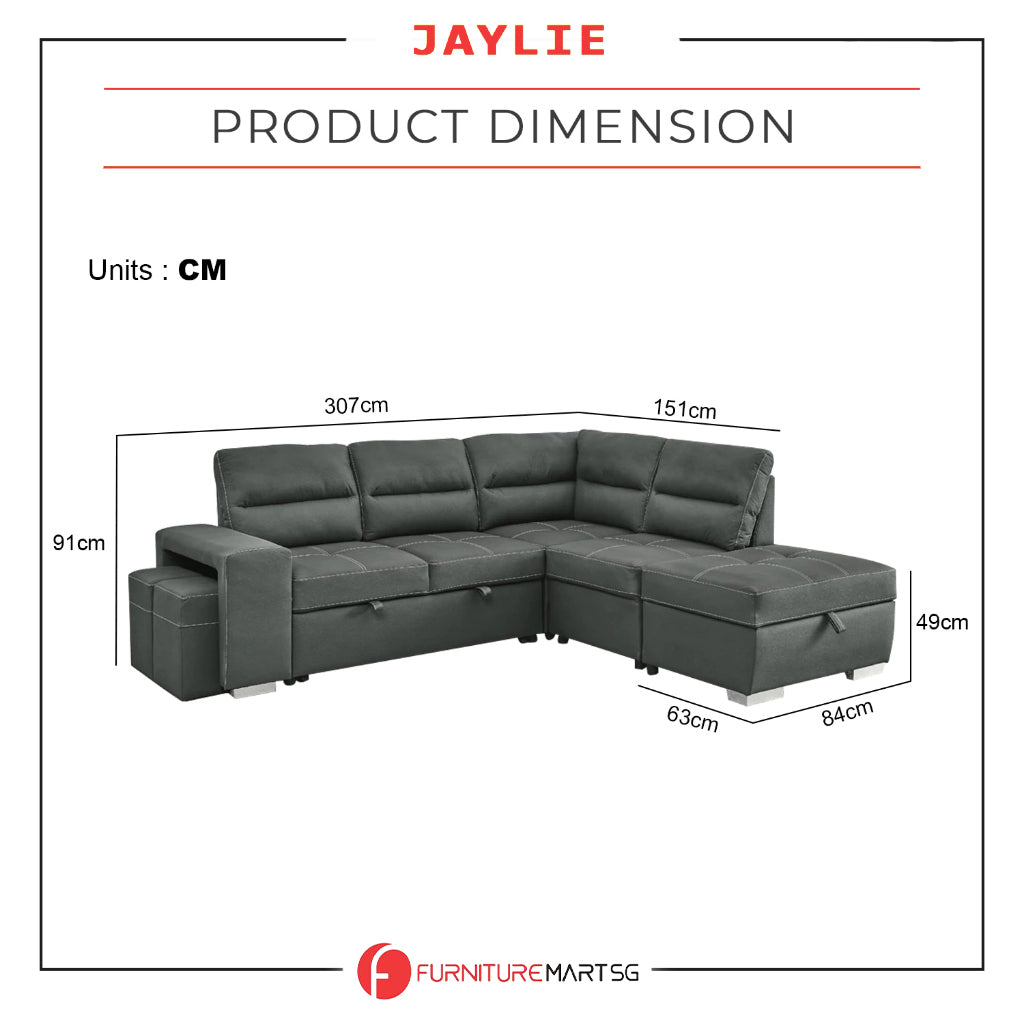 Jaylie Left-Right Reversible Sleeper Sectional Sofa with Ottoman Storage in Grey Pet Friendly Fabric