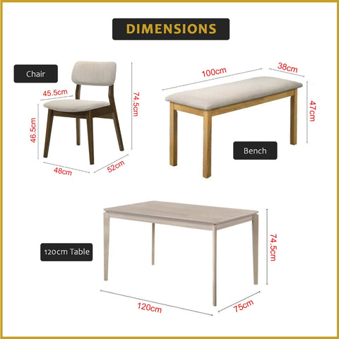 Image of Wilton 4/6 Seater Dining Set w/ Table, Chair & Bench Solid Rubber Wood in 3 Colours