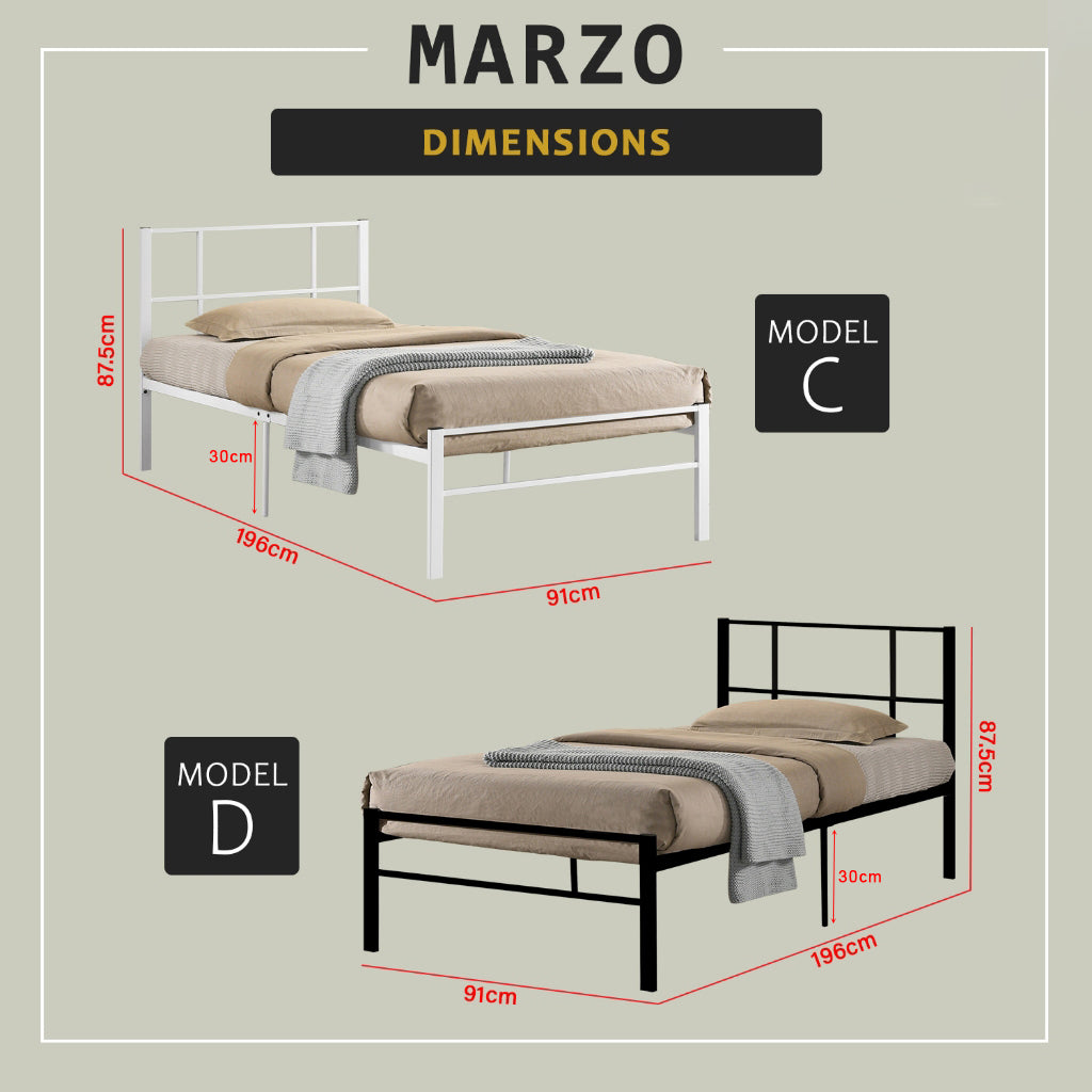 Marzo Single Metal Bed Frame with Under Bed Clearance for Storage w/ Mattress Option