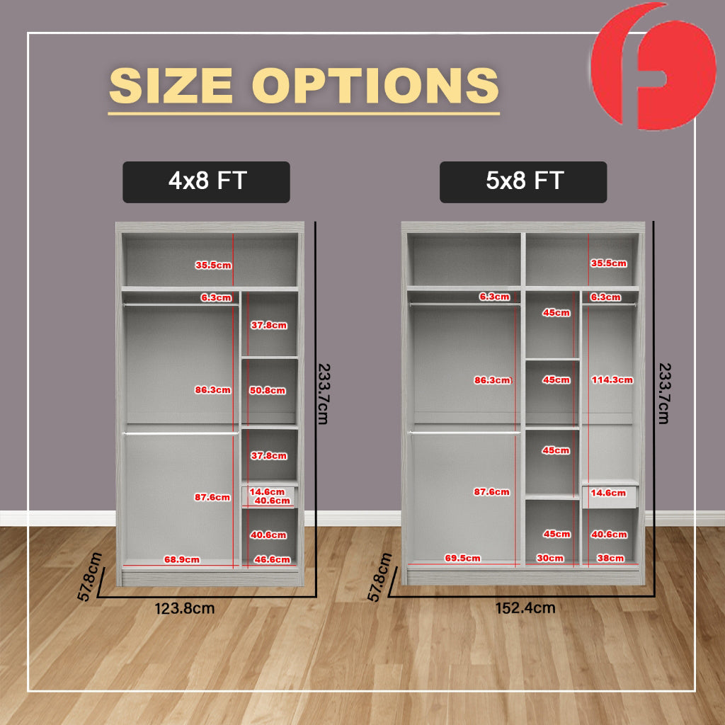 Malta Series 4/5/6/8x8FT 2-Door Sliding Door Wardrobe with Mirror Door in 3 Colours
