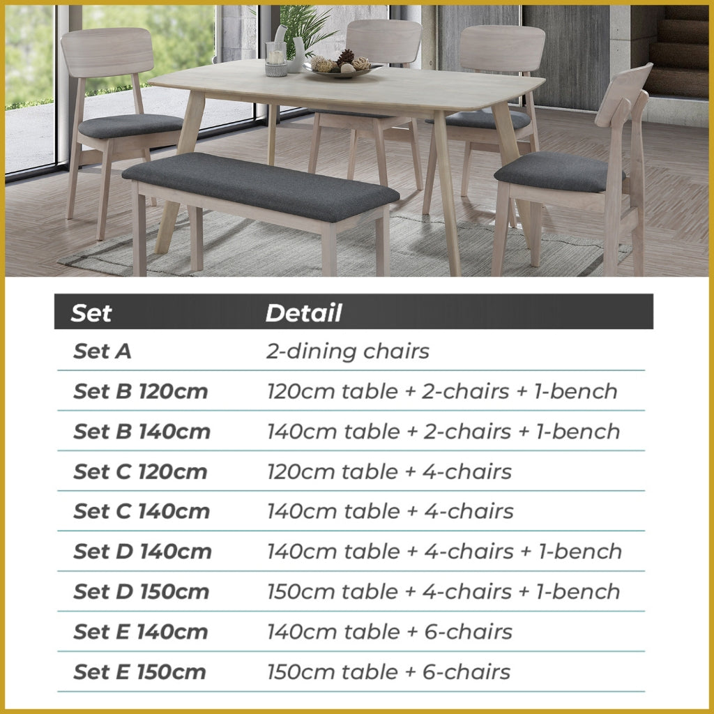 Zono Nordic Dining Set w/ Table, Chair & Bench Solid Rubber Wood in 2 Colours
