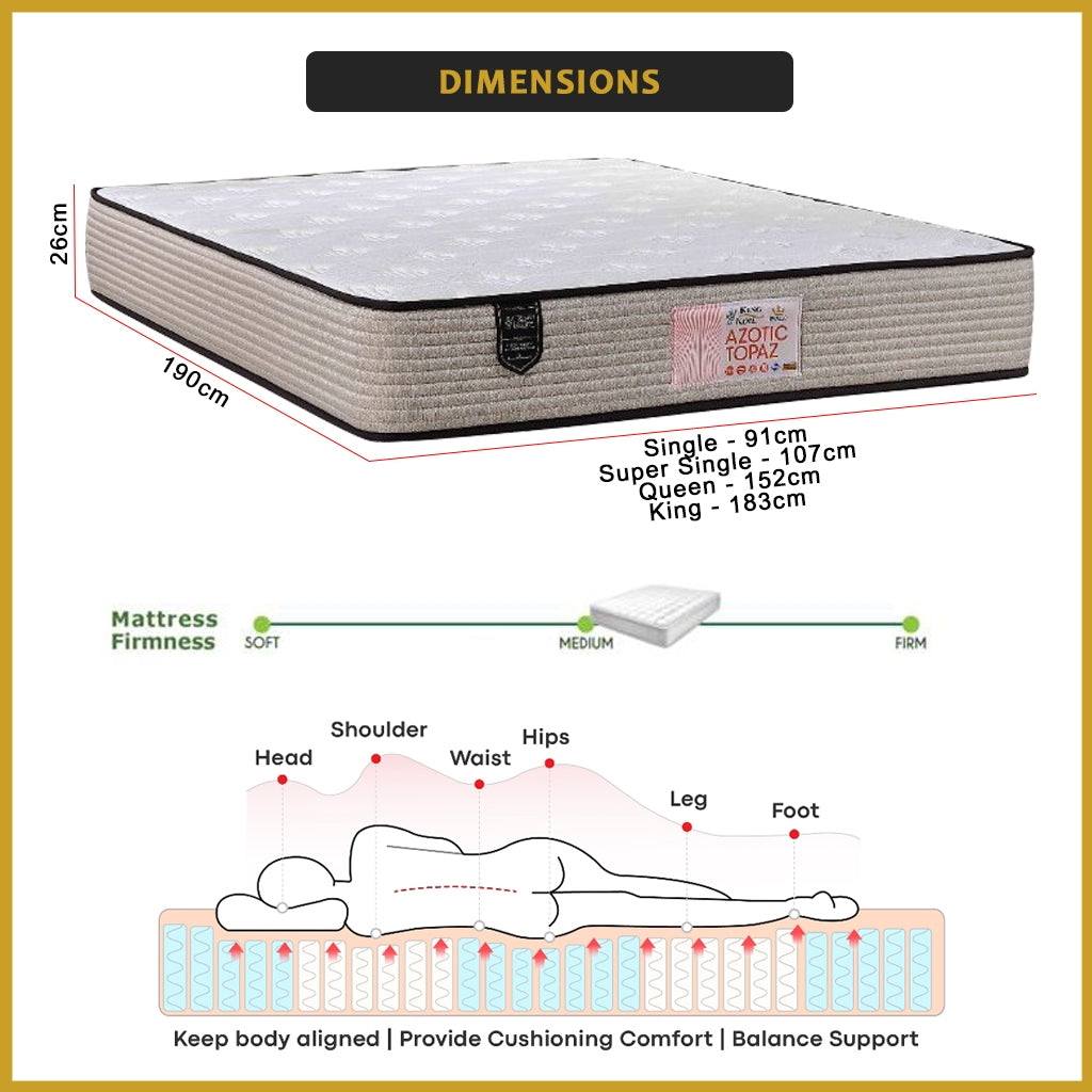 King Koil Azotic Topaz 10" Mattress Chiropractic Coil - Bundle w/ Pillow - All Sizes
