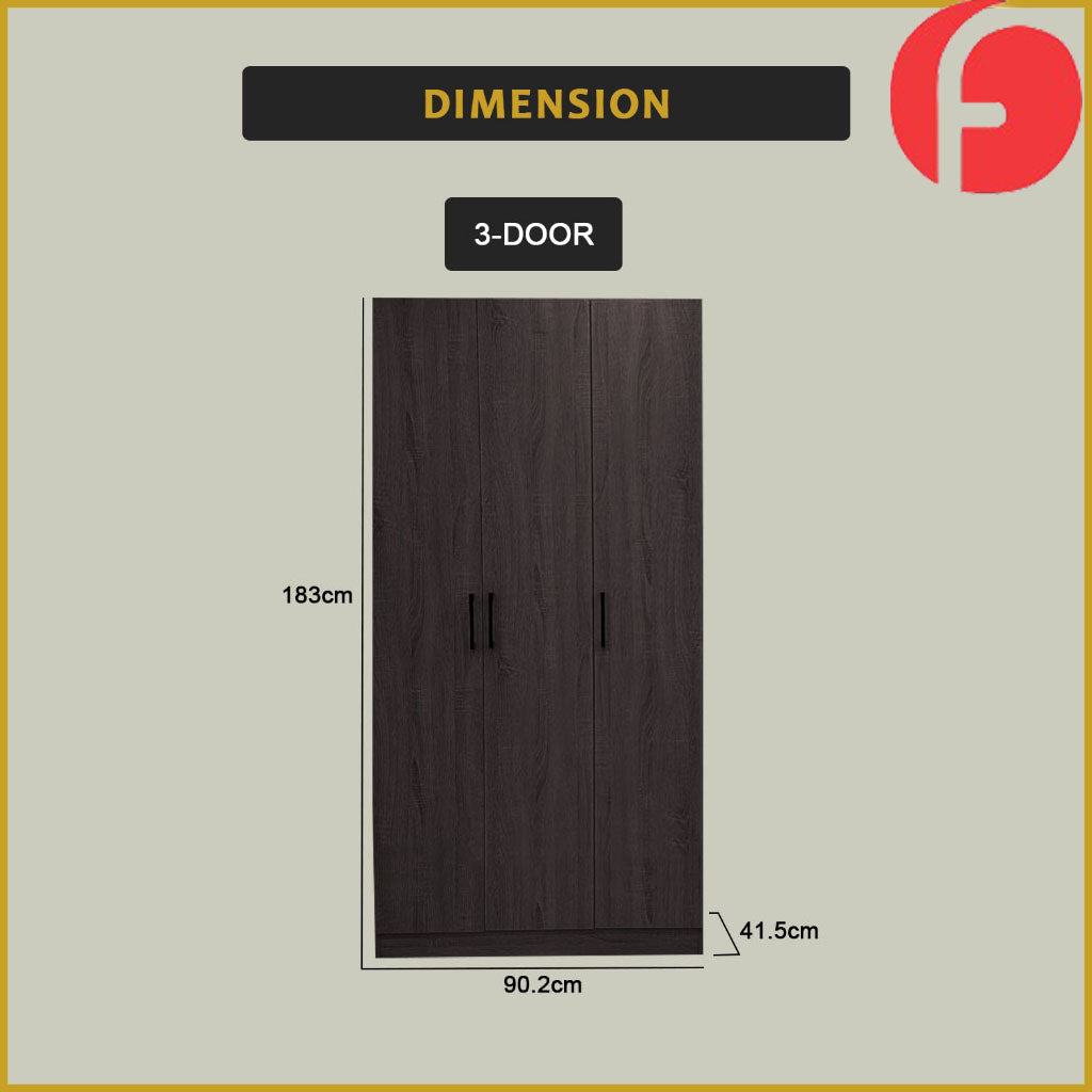 Percy Premium 3 Feet 3 Doors Wardrobe Laminated Back Panel - Free Install