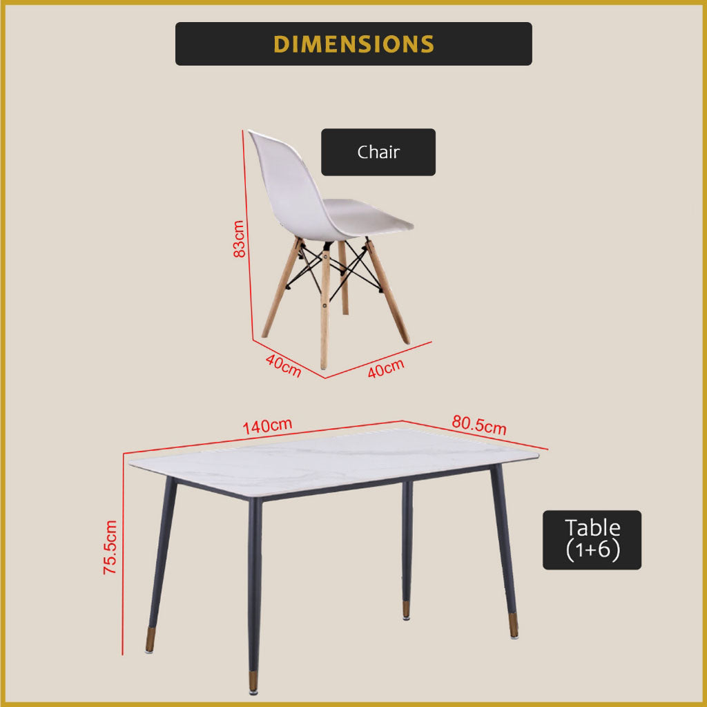 David 1+6 Dining Set with Table and Chair - Heavy-Duty Marble Ceramic Table Top