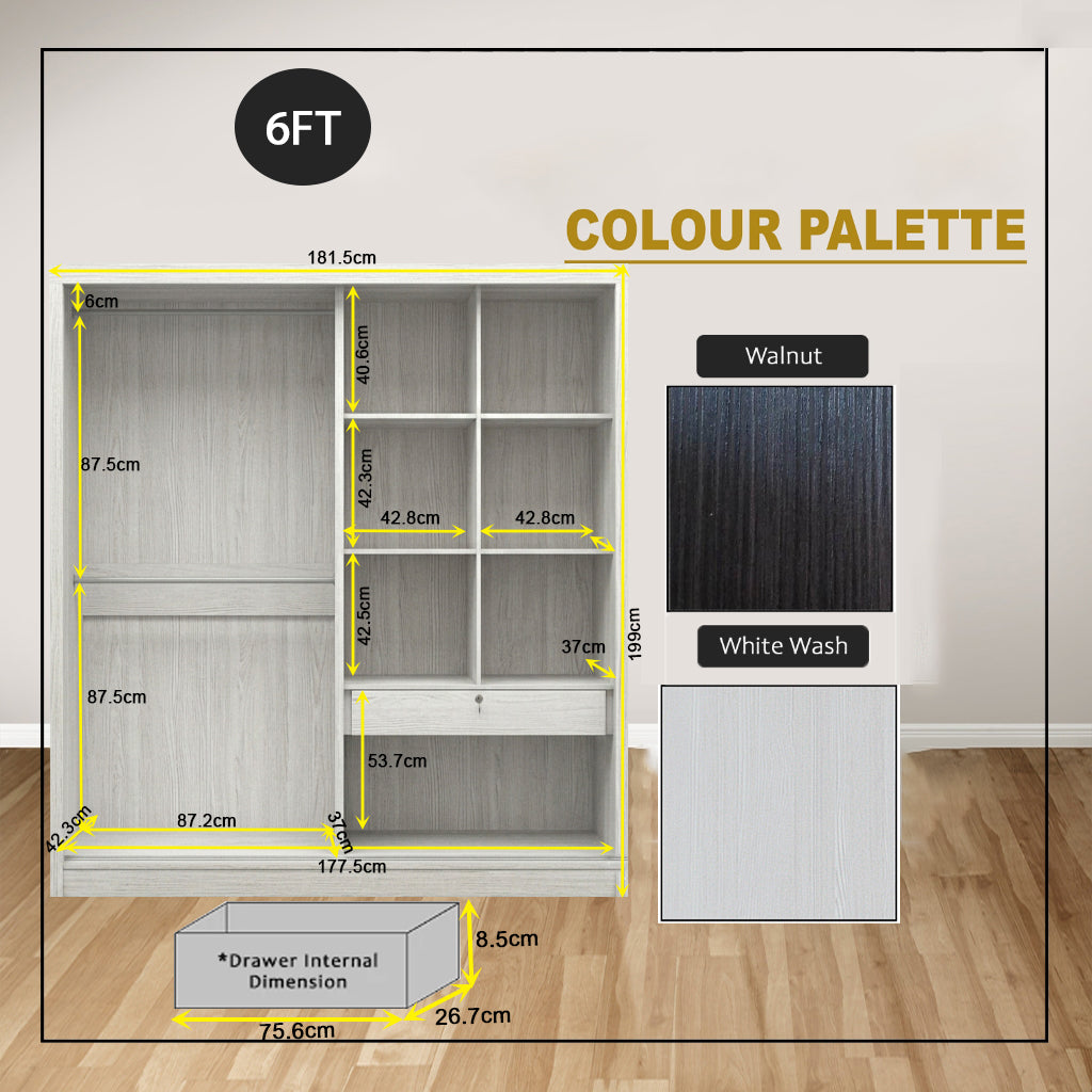 Tiana Series 4FT/5FT/6FT 2-Door Sliding Door Wardrobe in White Wash or Walnut