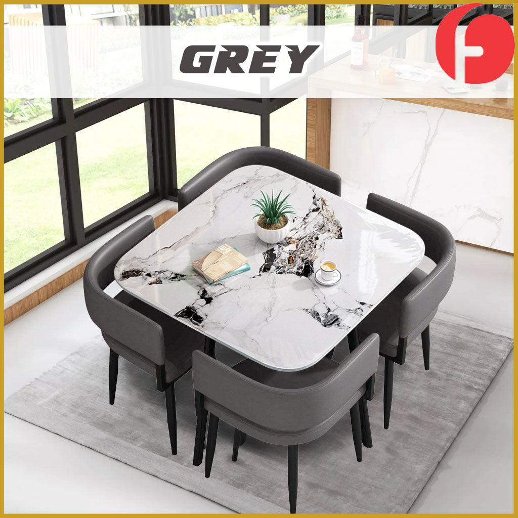 Rachel Dining Set with Curved Edges Sintered Stone Table Top Leather High Density Chair