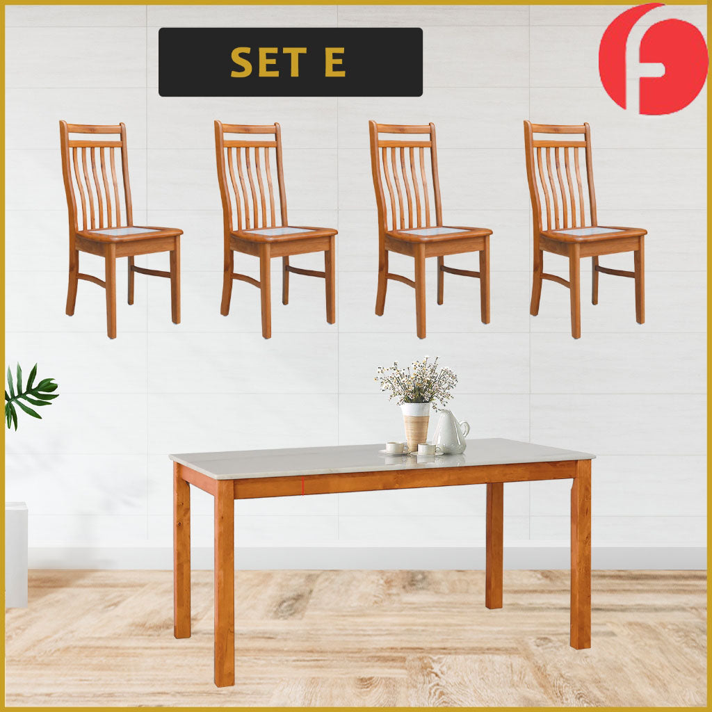 Jaime Dining Set w/ Table and Chairs 1+4 in Solid Wood Natural Marble Top Cherry/Walnut
