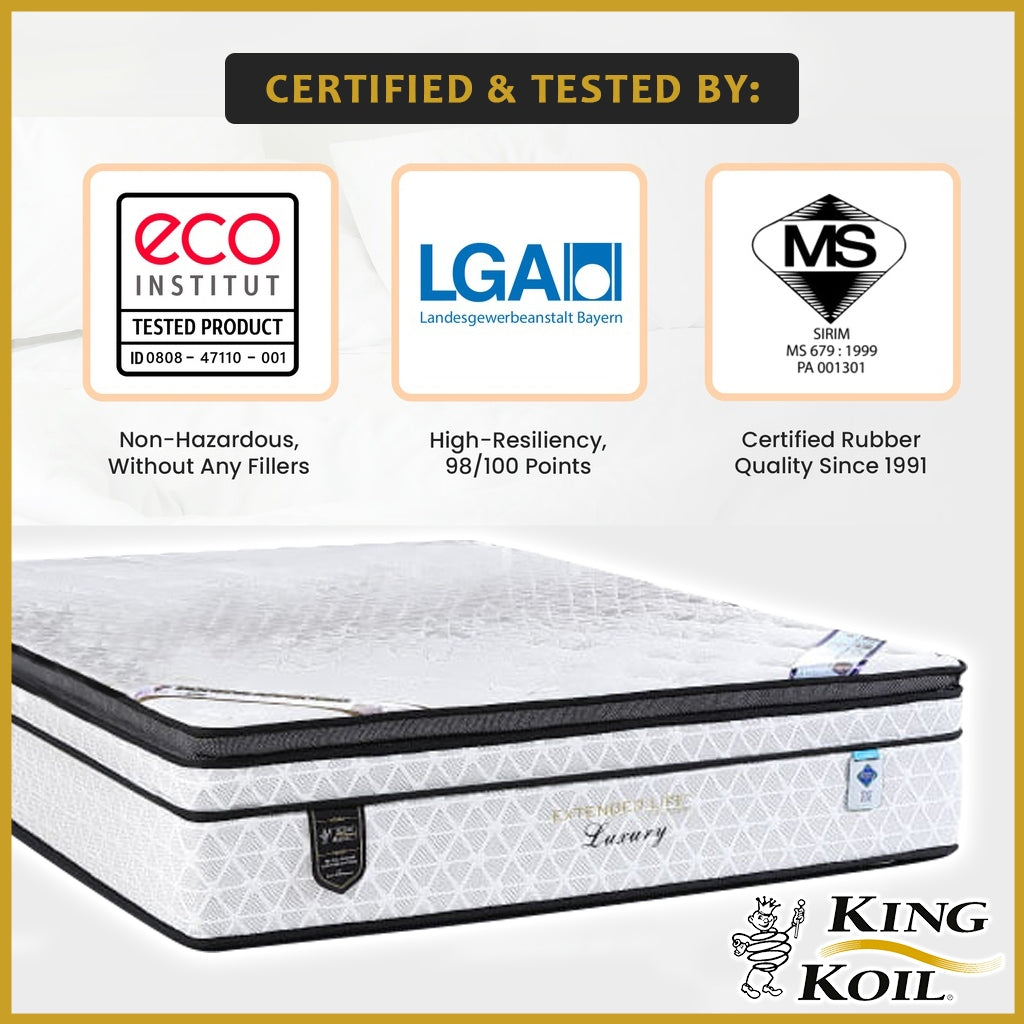 King Koil Luxury 14" Mattress Chiro tech Coil Extended Life Collection - Bundle w/ Pillow - All Sizes