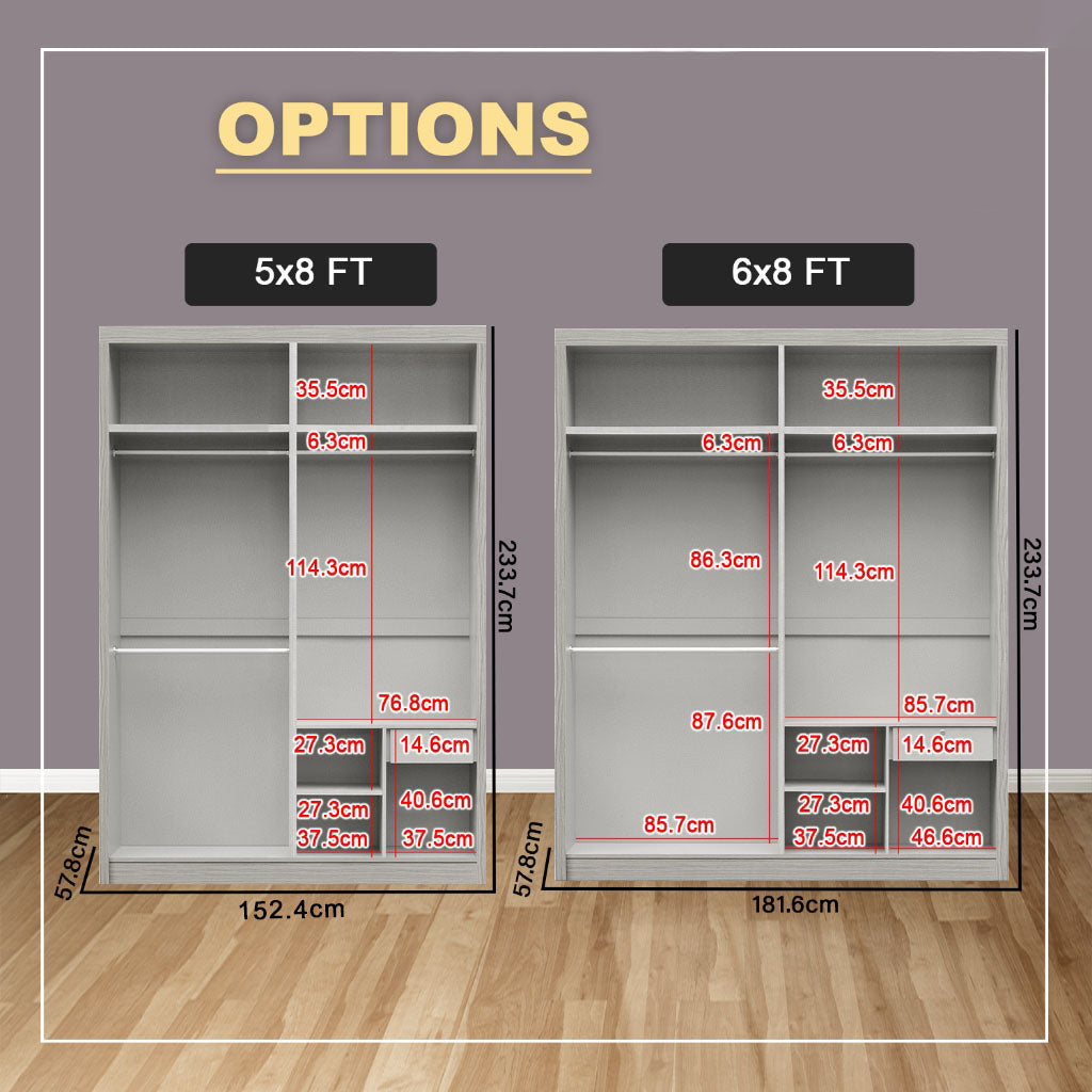 Pablo Series 5/6/8x8FT 2-Door Sliding Door Wardrobe in White Wash or Walnut in 5 Design