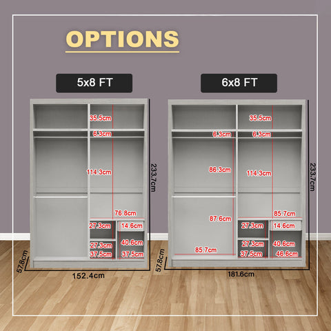 Image of Pablo Series 5/6/8x8FT 2-Door Sliding Door Wardrobe in White Wash or Walnut in 5 Design