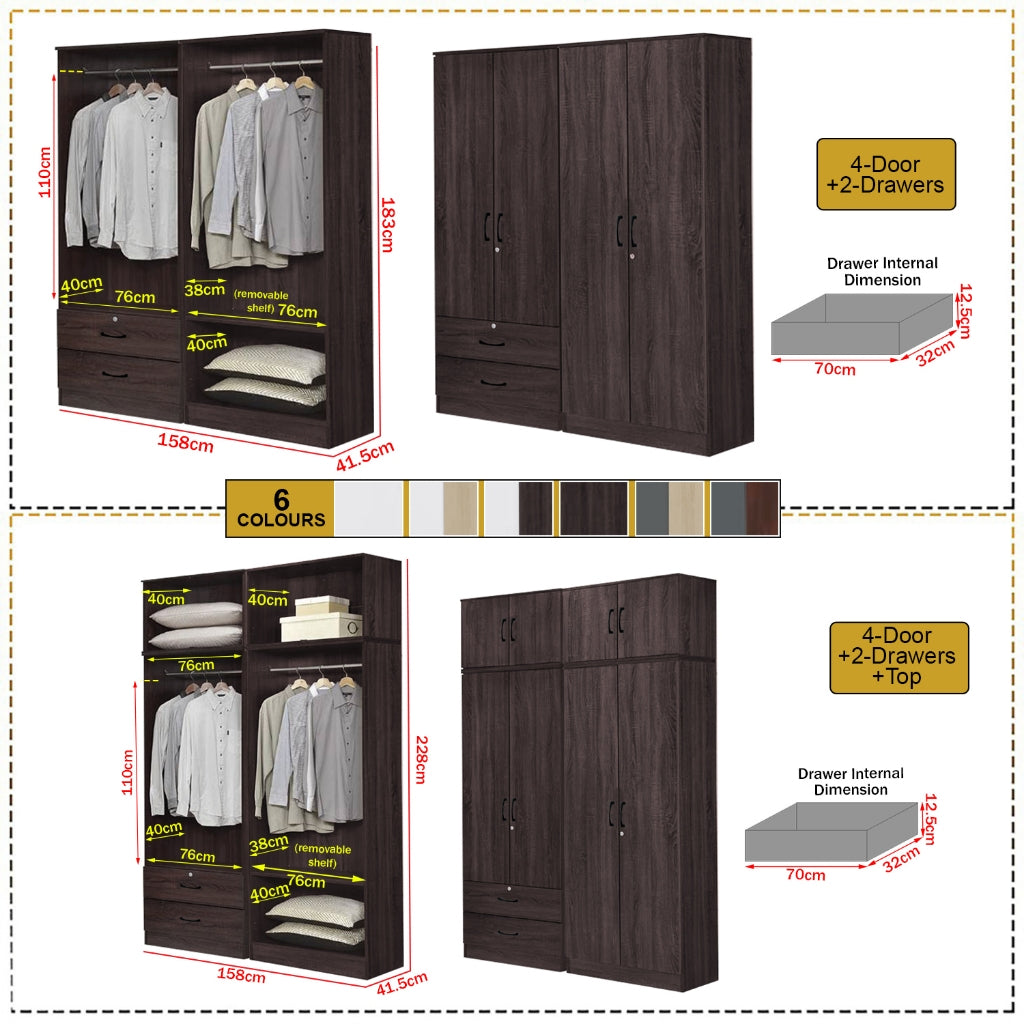 BERLIN Series 1/2/3/4/5 Doors Tall Wardrobe with Drawers and Top Cabinet in 6 Colours