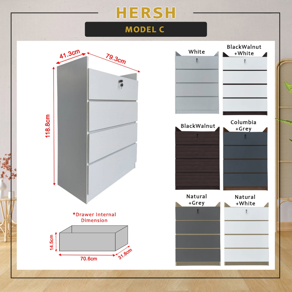 Hersh Premium Chest of Drawers Collection CARB-P2 Certified Board Full Laminated Back Panel in 6 Colours