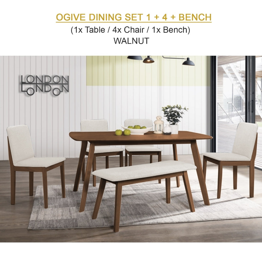 OGIVE Dining Set Table with Chair & Bench Pet-Friendly Fabric in Natural & Walnut Color