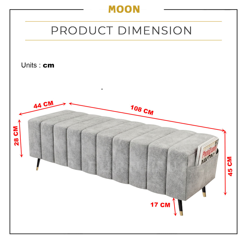 Moon Long Bench Chair High Density with Side Storage - 8 Colours