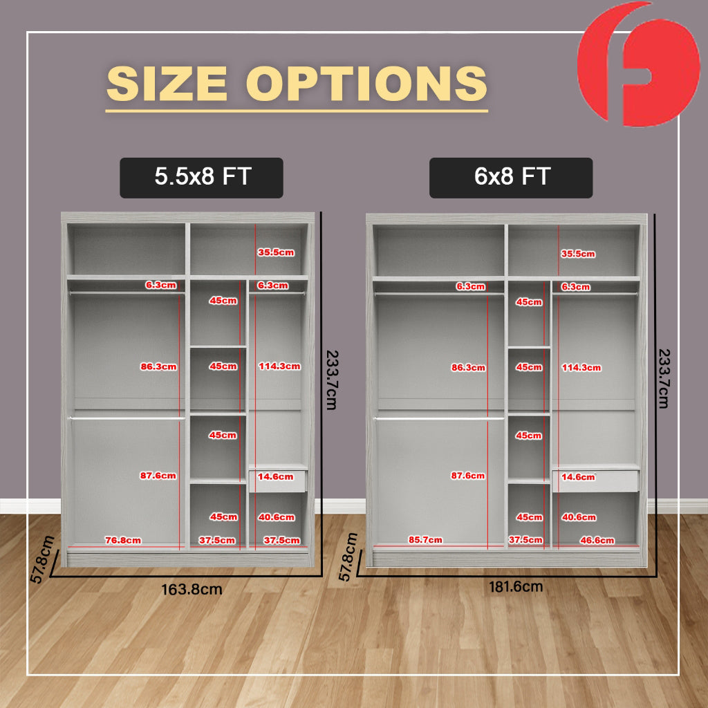 Malta Series 4/5/6/8x8FT 2-Door Sliding Door Wardrobe with Mirror Door in 3 Colours