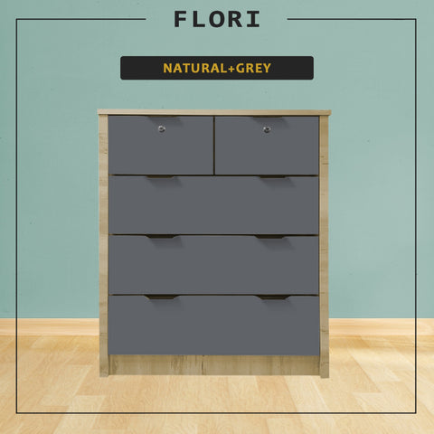 Image of Flori 5-Drawers Premium Chest of Drawers Full Laminated Back Panel in 6 Colours