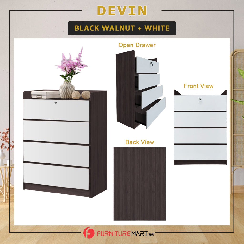 Devin Series Premium Chest of 4 Drawers Collection Full Laminated Back Panel in 6 Colours