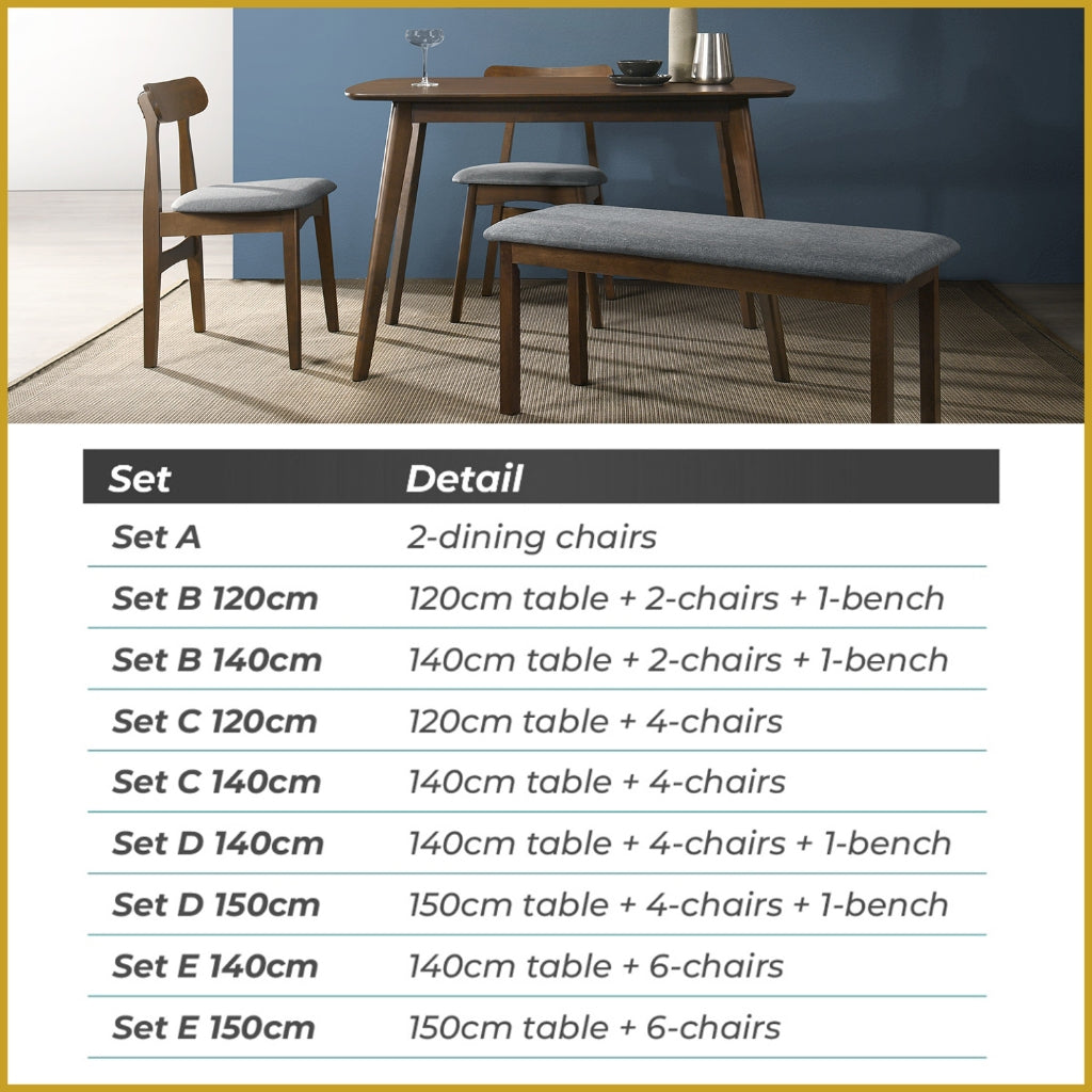Fenza 4/6 Seater Nordic Dining Set w/ Table, Chair & Bench Solid Rubber Wood in 3 Colours