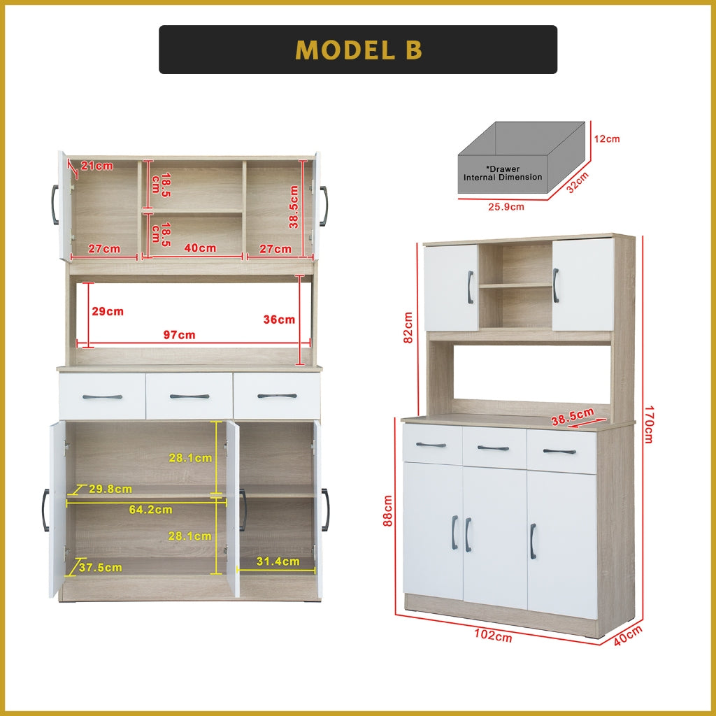 Ponio Series B Kitchen Cabinet with Drawers and Top Cabinet in 4 Colours