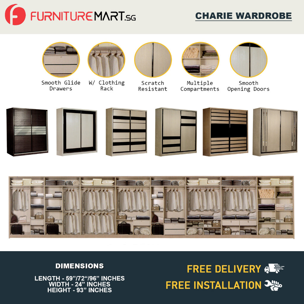 Charie Series 5FT/6FT/8FT Customizable Sliding Door Modular Wardrobe in 6 Designs