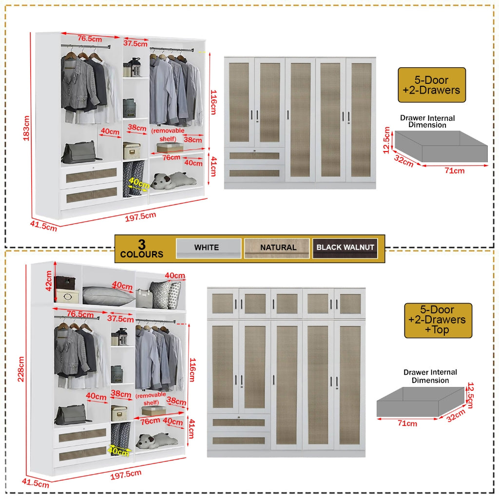 CROATIA Series 1/2/3/4/5 Doors Wardrobe Rattan Design with Drawers and Top Cabinet