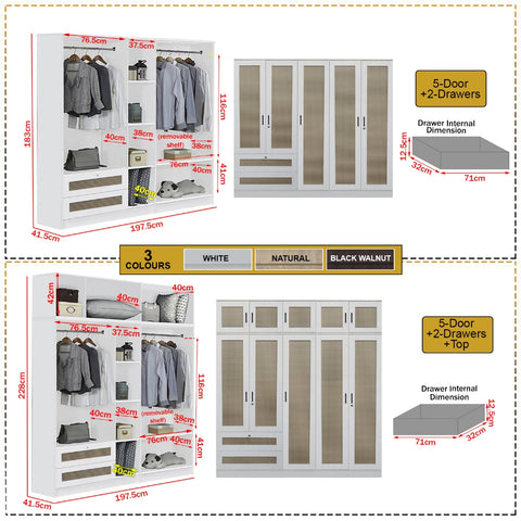 Image of CROATIA Series 1/2/3/4/5 Doors Wardrobe Rattan Design with Drawers and Top Cabinet
