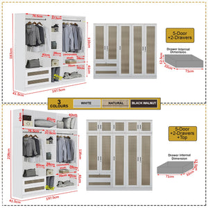 CROATIA Series 1/2/3/4/5 Doors Wardrobe Rattan Design with Drawers and Top Cabinet